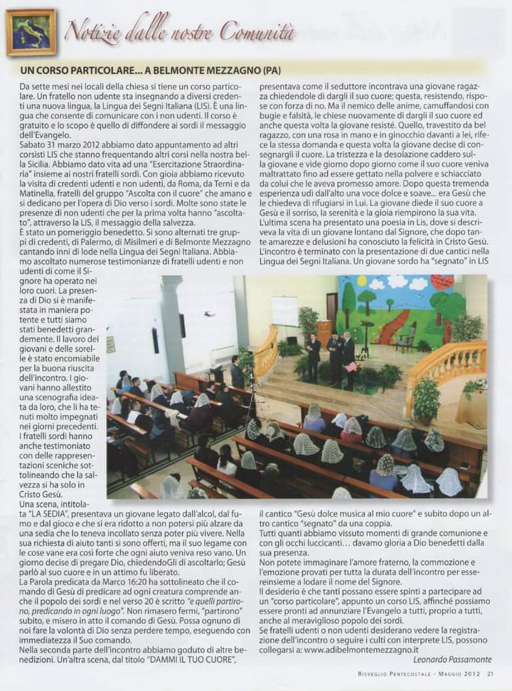 Articolo su incontro Belmonte Mezzagno Palermo - Risveglio Pentecostale maggio 2012